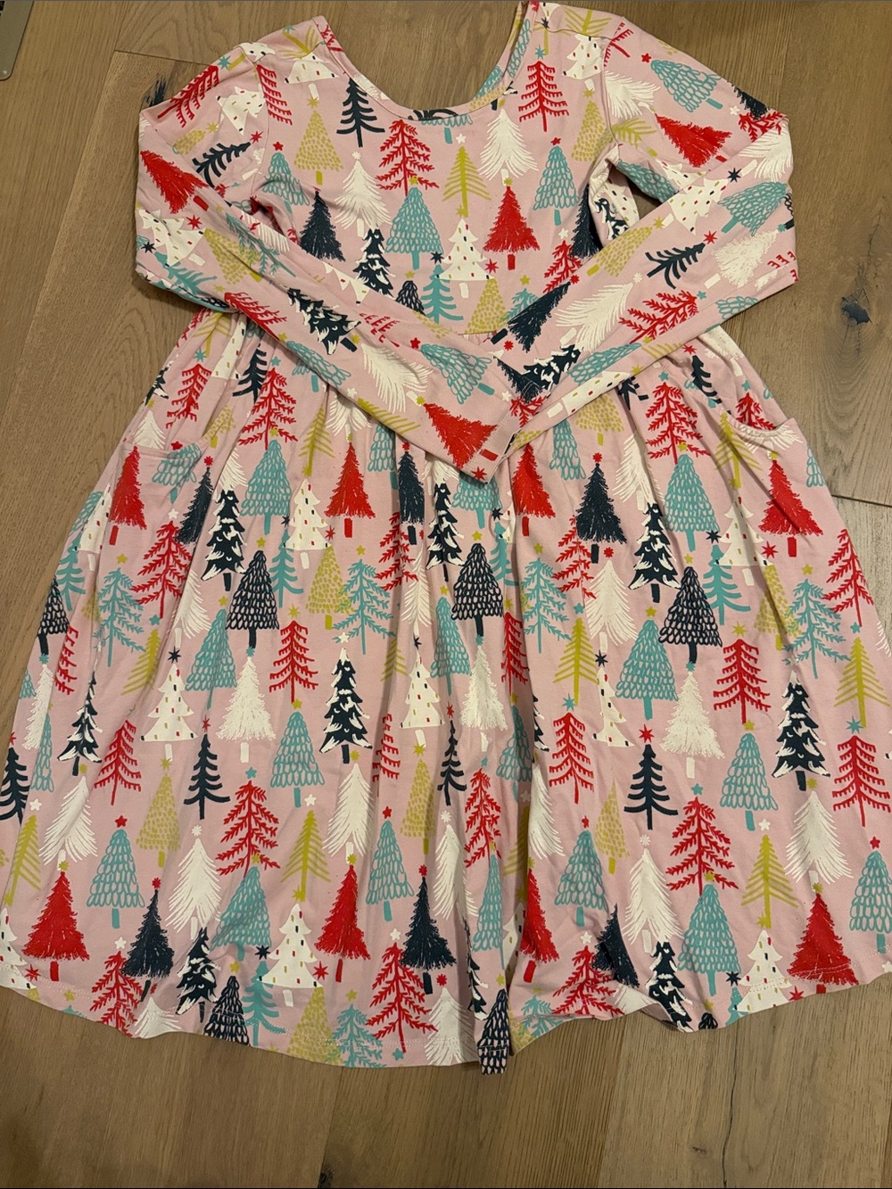 Hanna Andersson Girls Cotton Long-Sleeve Pink Holiday Christmas Tree Dress